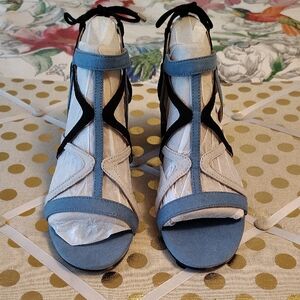 Unisa Event Blue Black Bone Suede Strapy Shoes Bloc Heel Size 8M New No Box